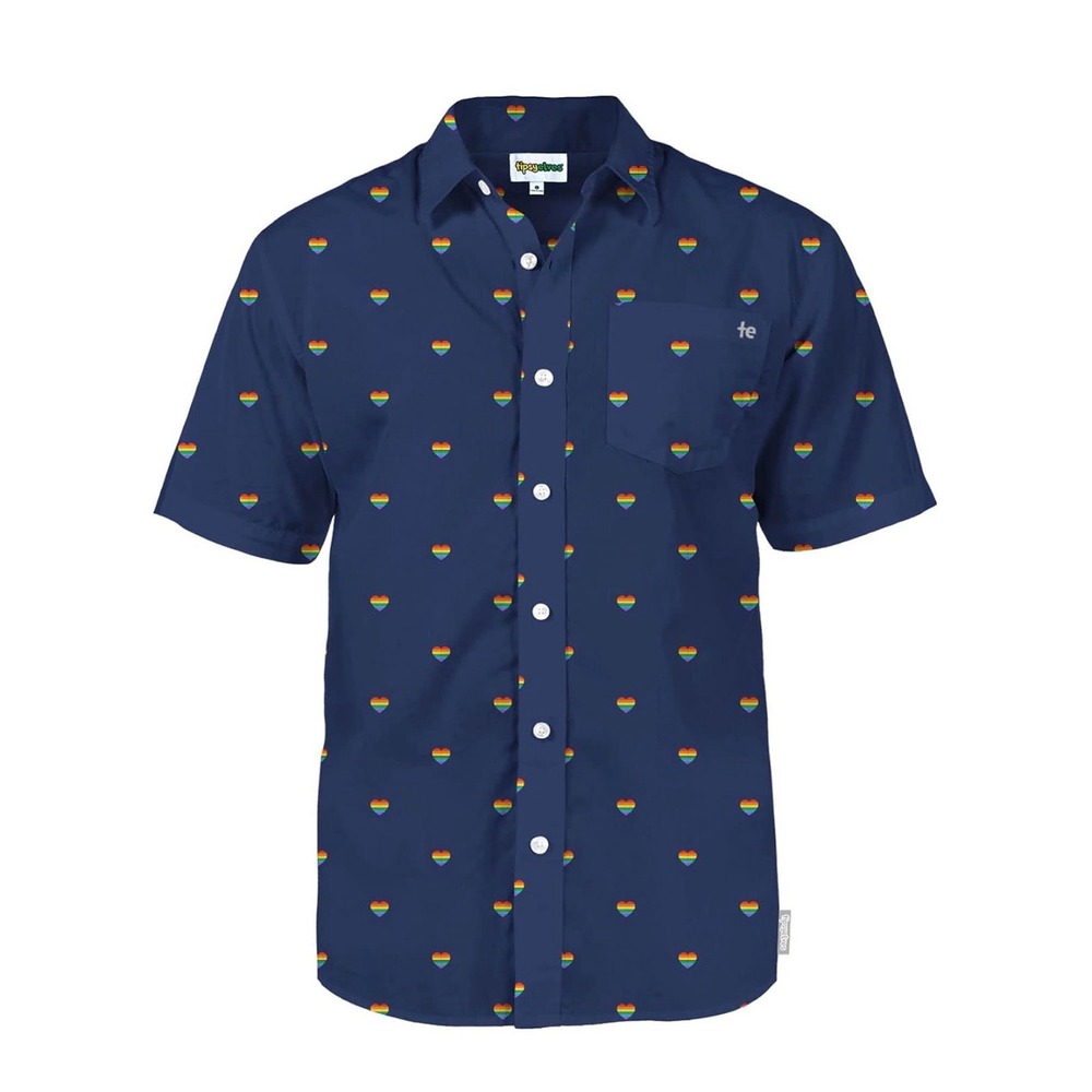 Tipsy Elves Mens Navy Hearts Hawaiian Shirt Rainbow Pride Button Down XL NEW